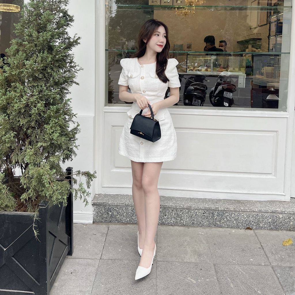 Váy đầm trắng Tweet Liner tay bồng tiểu thư Souris By G