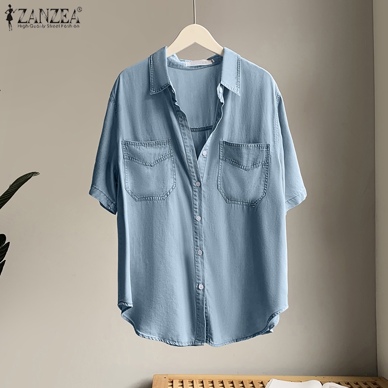 Áo sơ mi denim ZANZEA ngắn tay có túi thời trang nữ tính