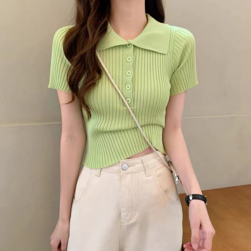 [100c đầu giá gốc] Áo polo crotop trơn có cúc tay cộc năng động - ShynTown