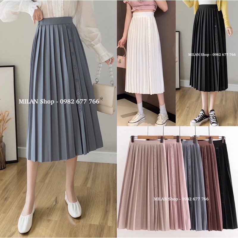 Chân váy xếp ly midi đính khuy lệch thời trang
