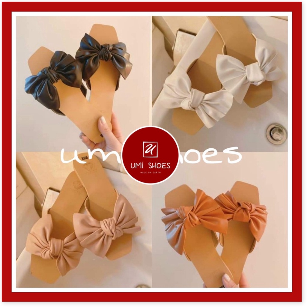 ★ ᗩᗰᗩᘔ𝗜ᑎ𝗚 𝗦𝗛𝗢𝗘𝗦 ★ Dép nữ lê nơ tiểu thư mũi vuông mặt phíp chống nước đế bệt màu đen/trắng/kem xinh đẹp đơn giản