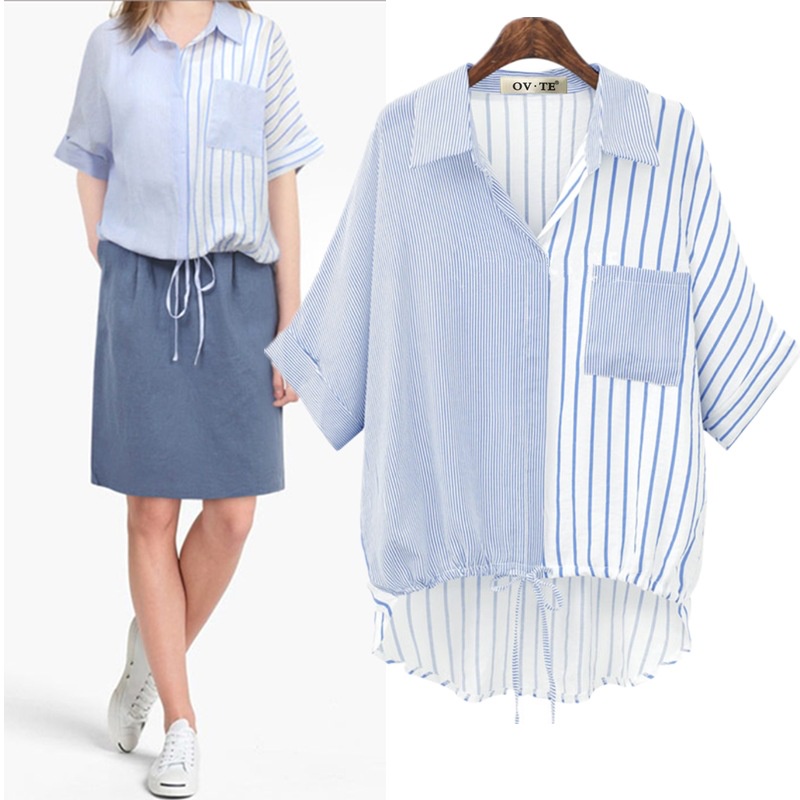 ÁO SƠ MI KIỂU BIGSIZE NỮ FORM CỔ BẺ CÓ TÚI HỌA TIẾT SỌC TRẮNG XANH- HIMISTORE
