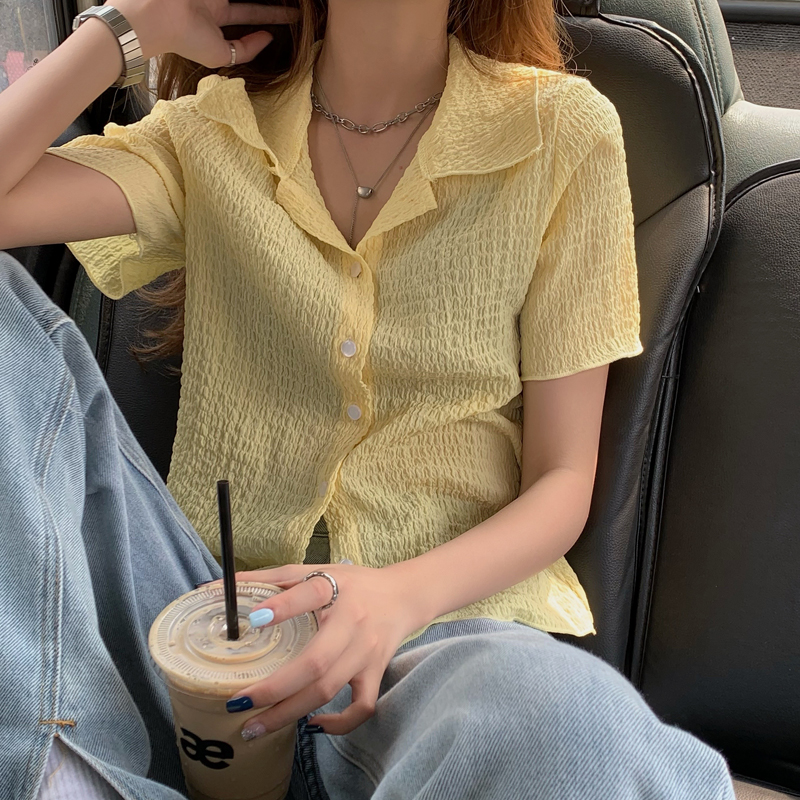 Áo Sơ Mi Tay Ngắn Màu Trơn Phong Cách Hàn Quốc Cho Nữ