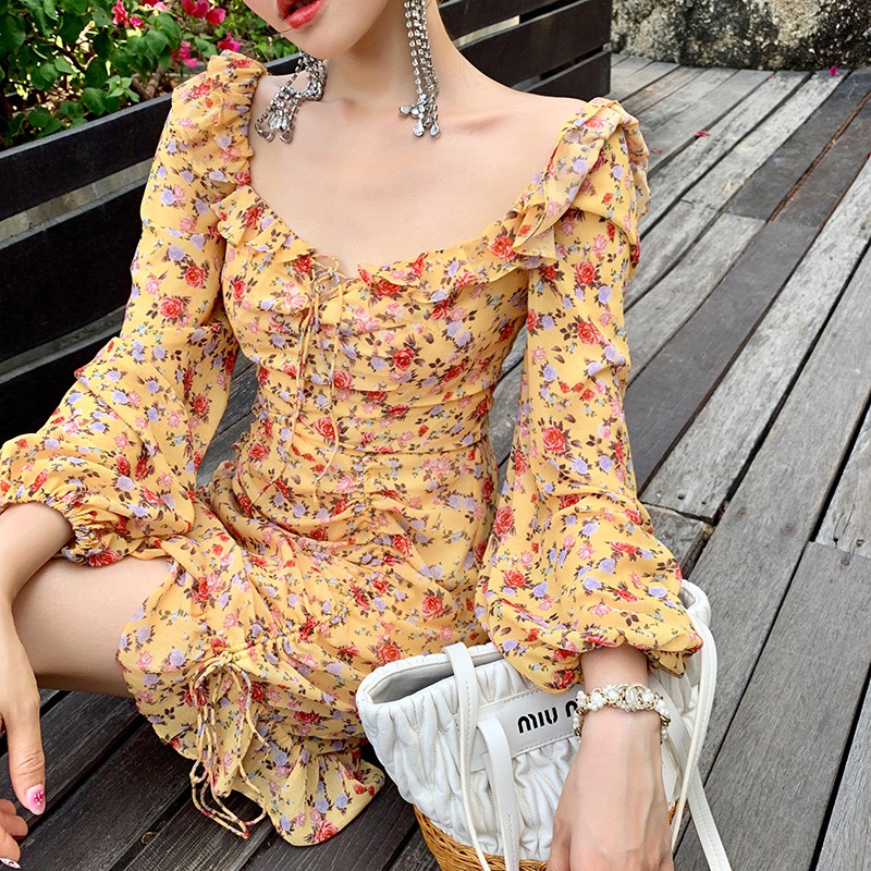 Đầm hoa nhí dáng xòe cổ vuông tay dài mini Emilyshop