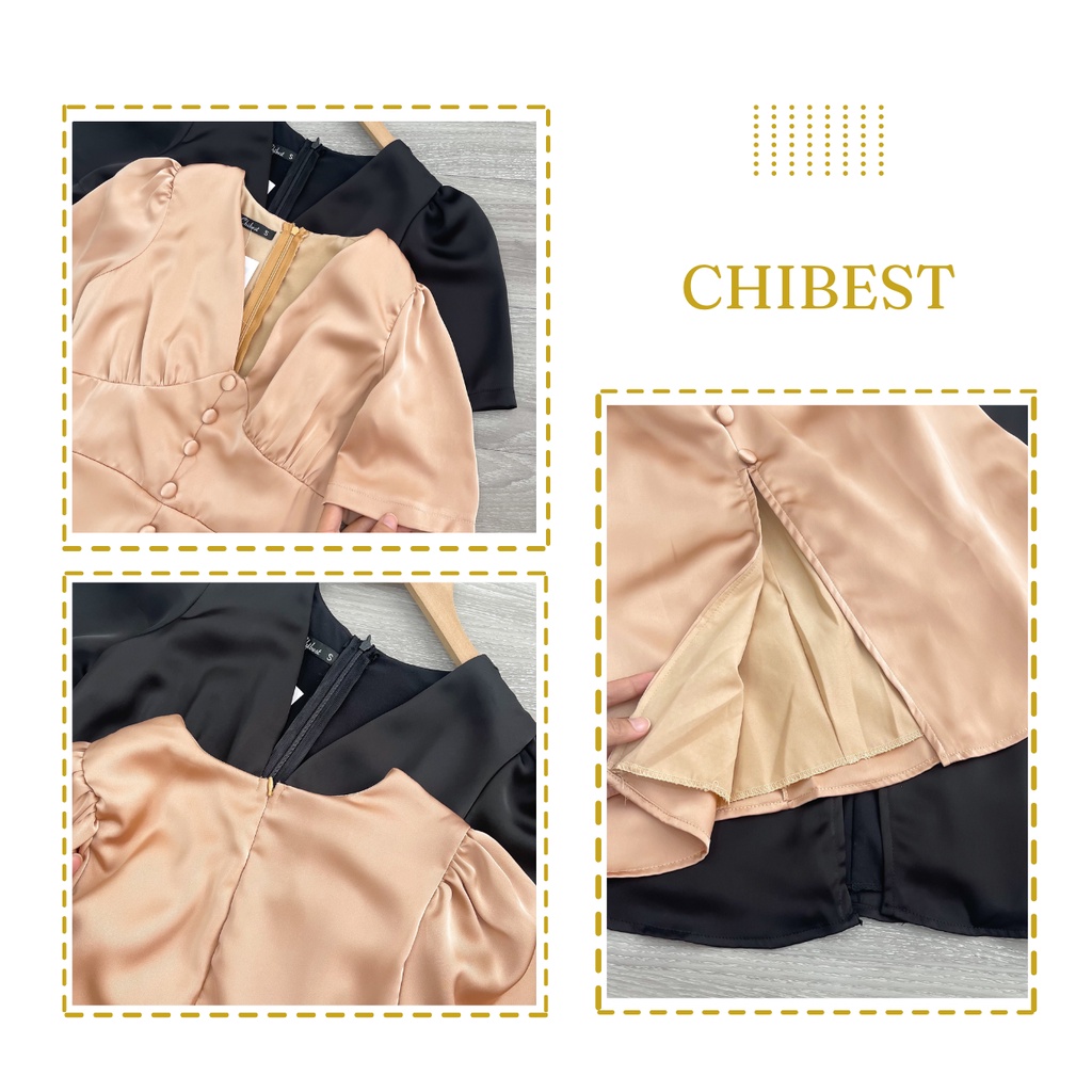 Đầm body lụa dáng dài cao cấp nút bọc xẻ line trước CHIBEST HDB813