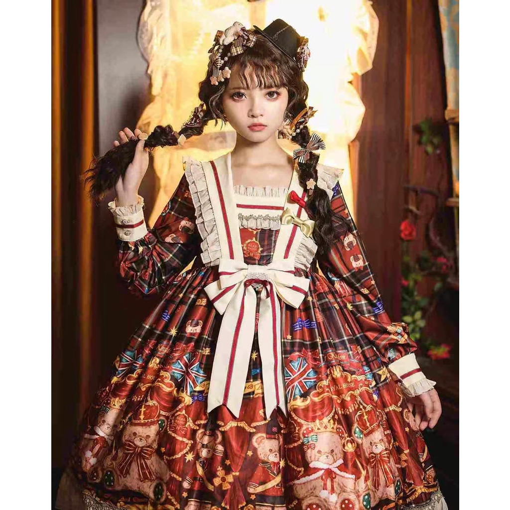 Bán chạy ~ niliman {hàng có sẵn) Đầm tay dài phong cách Lolita thiết kế hình gấu vương miện