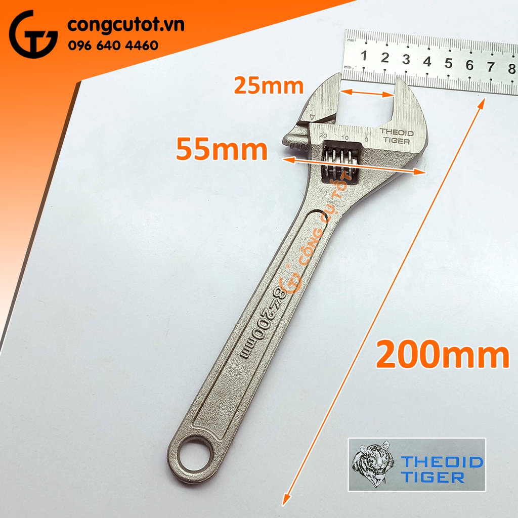 Mỏ lết 200mm d Tiger có thước độ mở 25mm