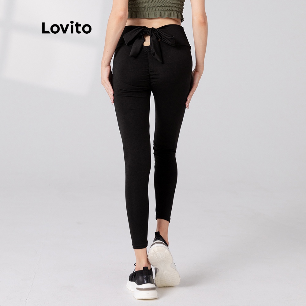 Quần legging Lovito lưng thắt nơ màu trơn phong cách thể thao nhanh khô L05227 (Màu đen)