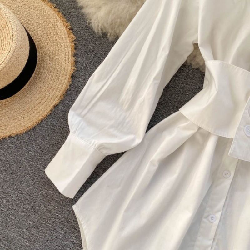 Áo sơmi form dài giấu quần  + Belt bó eo có chun sau lưng