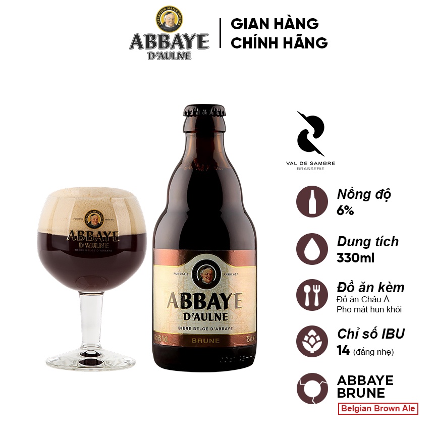 Bia Bỉ thượng hạng Brown Ale - Val de Sambre Abbaye Brune (chai 330ml) - Nhập khẩu 100% châu Âu