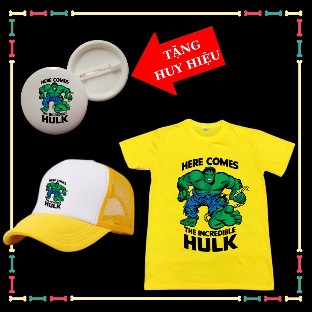 Set áo thun trẻ em siêu nhân Hulk Khổng Lồ Xanh, đủ màu sắc, đủ size áo, Kèm Huy hiệu Hulk, Kèm Mũ lưỡi trai Hulk.