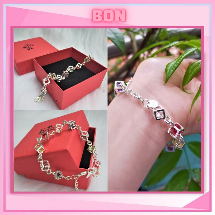 Lắc tay bạc ý đính kèm đá hình ruby nhỏ đủ màu sắc, lắc tay Bon trẻ trung dễ thương