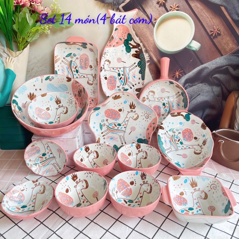 Bát đĩa hươu hồng decor set 8 món siêu đẹp