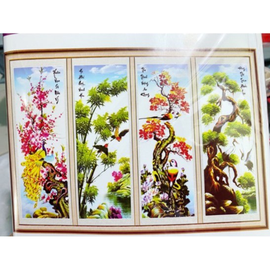 Tranh thêu chữ thập 3D tứ quý Xuân Hạ Thu Đông Tùng Cúc Trúc Mai LV3282 (121X75 )