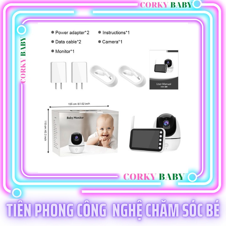 Máy Báo Khóc Trẻ Em Corky Baby mbk502 Pro max - Màn hình lớn 4.5inh, camera điều khiển quay 360 độ