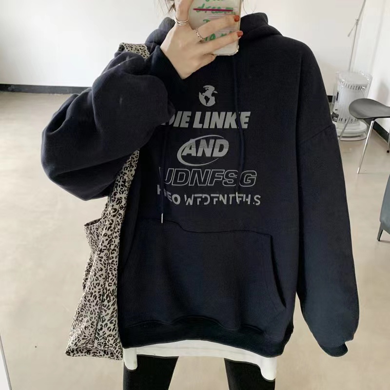 【ZHELIHANGFEI】Áo Hoodie Tay Dài Dáng Rộng In Chữ Cá Tính Thời Trang