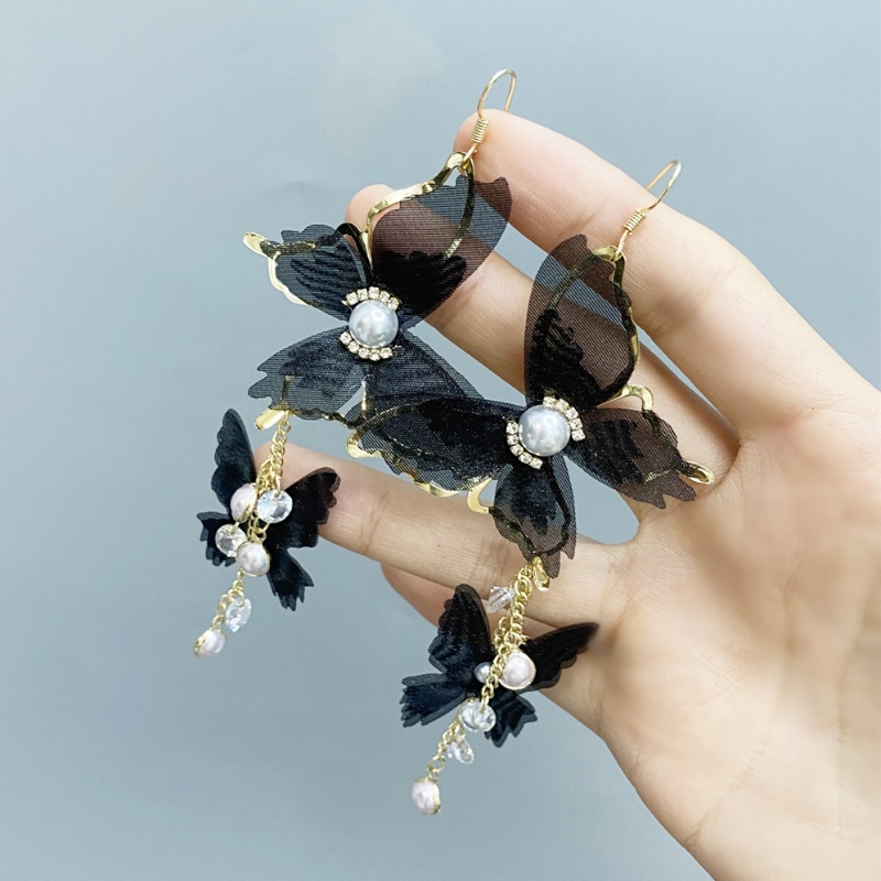 Bông Tai Mạ Bạc 925 Dáng Dài Phối Tua Rua Hình Bướm Phong Cách Hàn Quốc Mới 2022