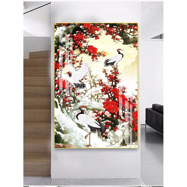 Tranh hoa đào sẵn treo chất liệu tráng gương cao cấp 50x75cm