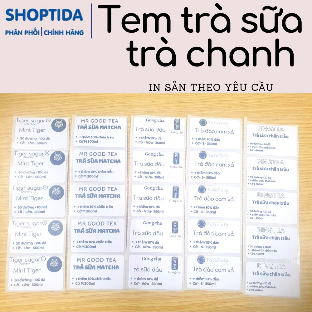 Tem trà sữa trà chanh in sẵn theo yêu cầu chủ quán, in nhiệt decal Shoptida 50x30mm và 50x50mm