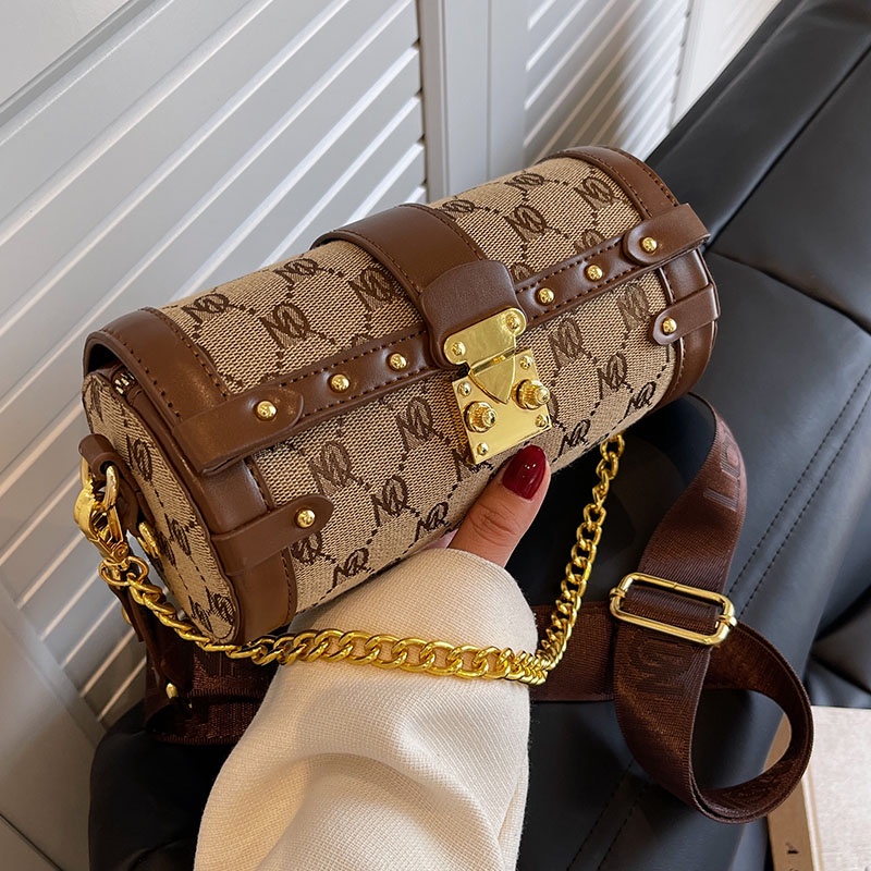 Túi Xách Đeo Vai Hình Trụ Phối Dây Xích Thời Trang Pháp Dành Cho Nữ