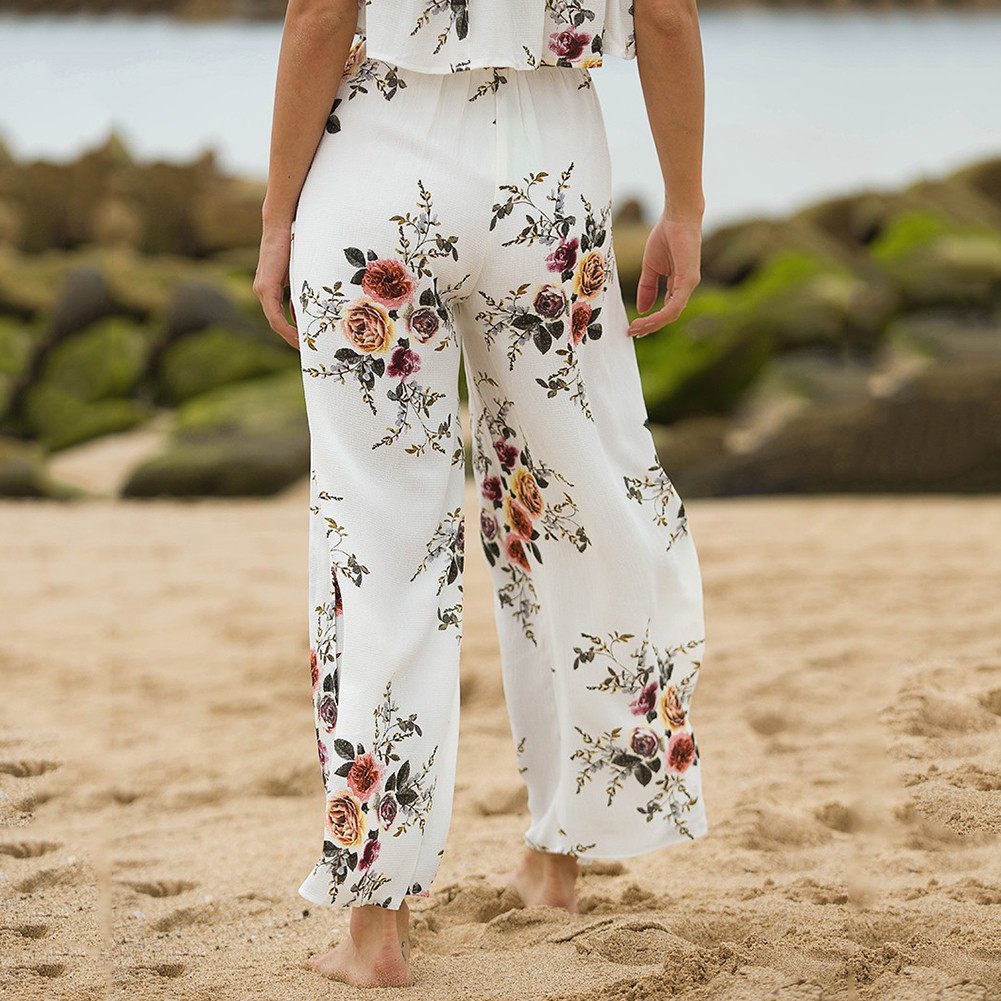 ♔Quần Palazzo Lưng Cao Ống Rộng Hoạ Tiết Hoa Phong Cách Bohomian