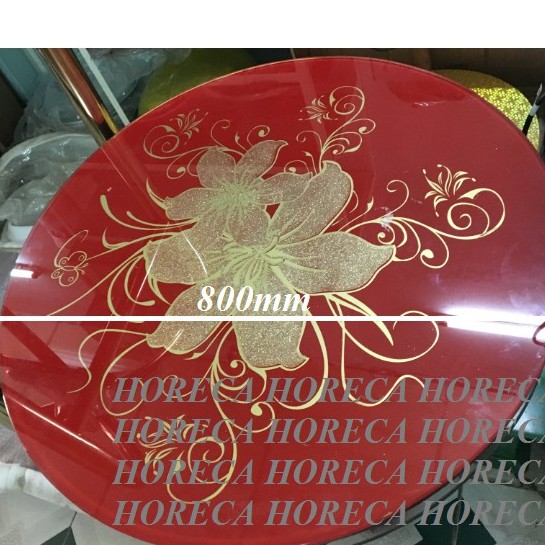 bộ mâm xoay bàn ăn hoa văn Ø800mm phù hợp cho bàn ăn tròn Ø1,4m, kính trong suốt, kính màu đỏ in bông hoa