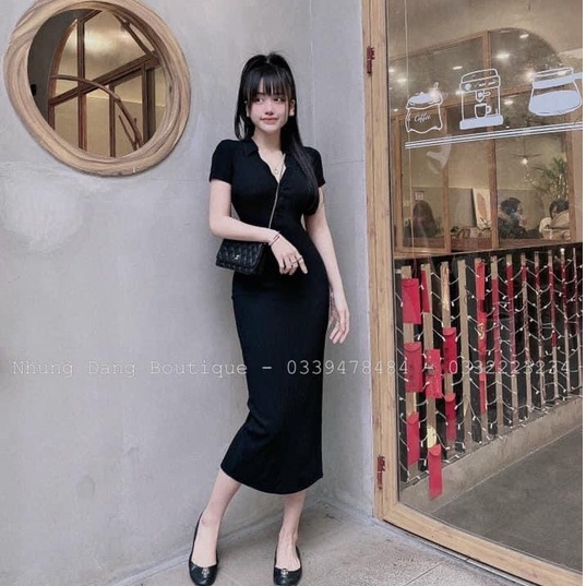 Váy body cổ chữ V nữ - Đầm trơn suông dáng ôm cộc tay cổ bẻ Cực HOT TREND