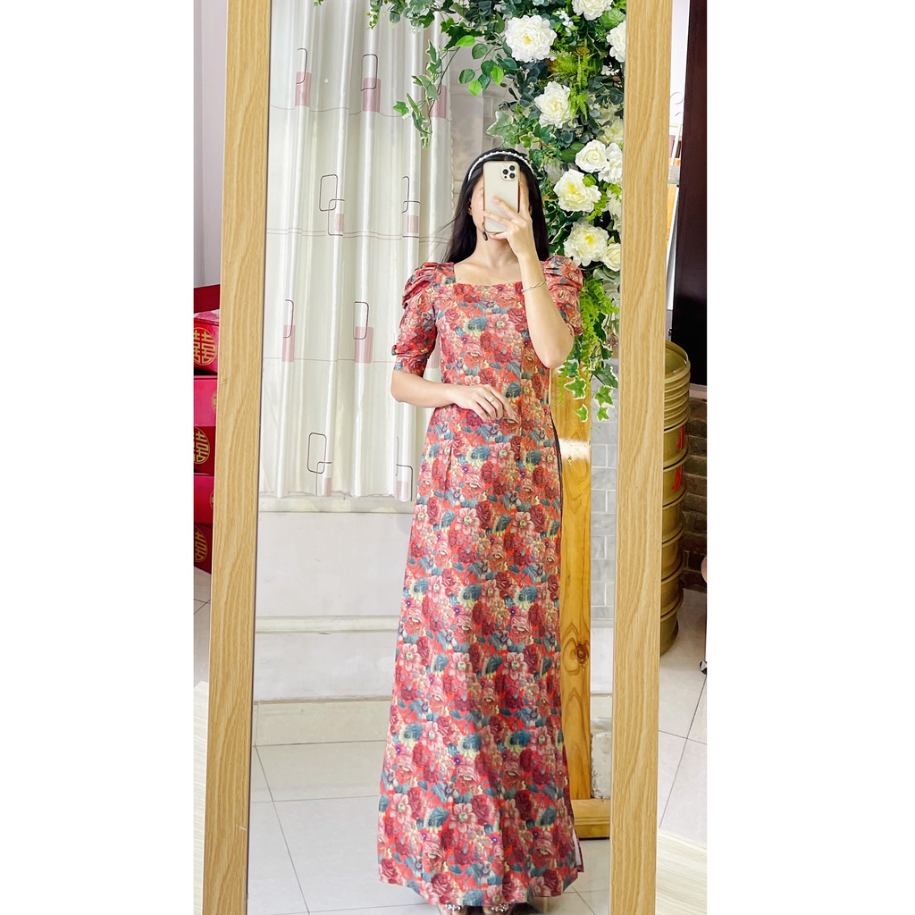 Áo dài cô ba sài gòn tay phồng họa tiết gạch bông retro vintage