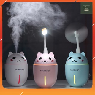 Máy phun sương, khuếch tán tinh dầu hình mèo cute, tặng kèm đèn led , quạt mini