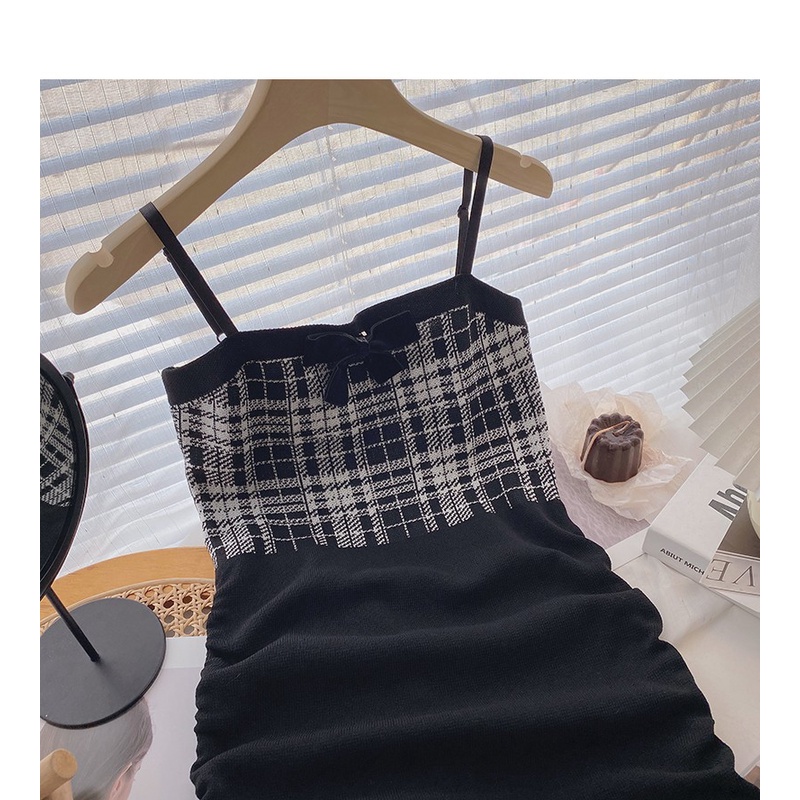 IELGY      Đầm Hai Dây Dệt Kim Dáng Chữ A Lưng Cao Ôm Dáng Phong Cách Pháp Thời Trang Cho Nữ