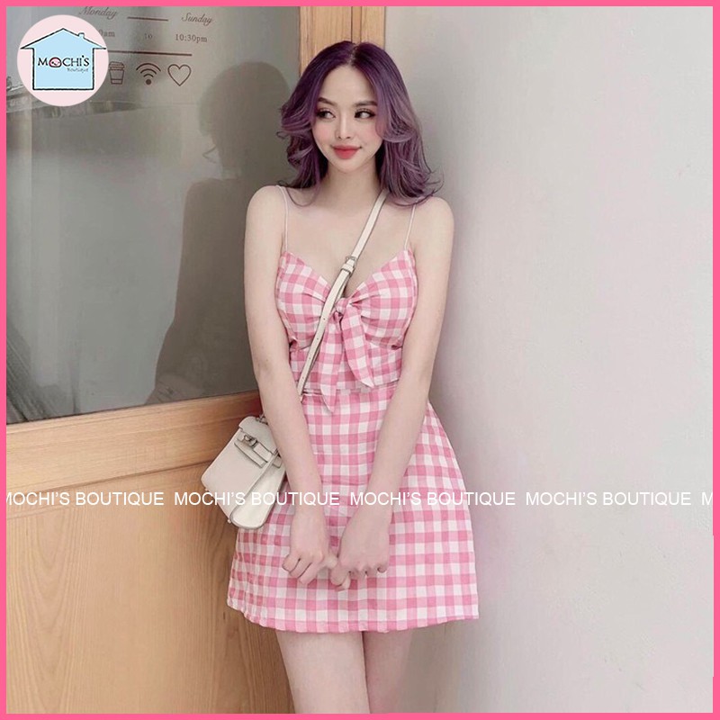 Váy đầm 2 dây caro chân váy chữ A tôn dáng tôn da,  mẫu váy hè nữ đi biển đi chơi đều đẹp- M066