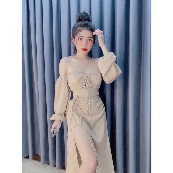 SET CÚP TAY PHỒNG CHÂN VÁY XẺ SEXY SATIN NHUNG HÌNH THẬT KÈM CLIP