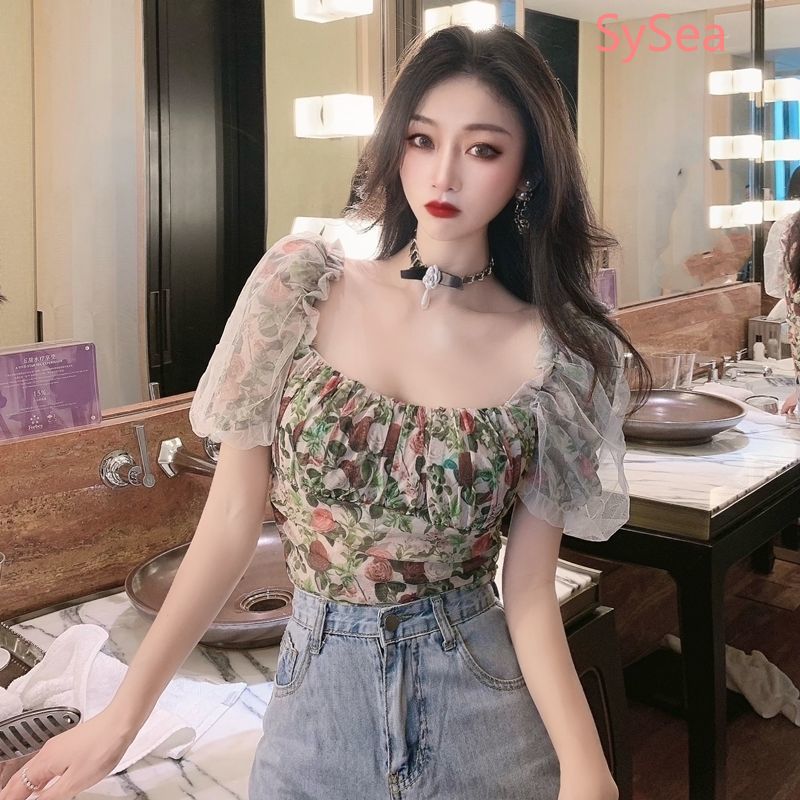 Áo Croptop Tay Phồng Phối Lưới In Họa Tiết Hoa Phong Cách Retro