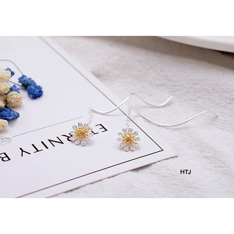 BÔNG TAI HOA CÚC BẠC TA DÁNG SÓNG DÀI