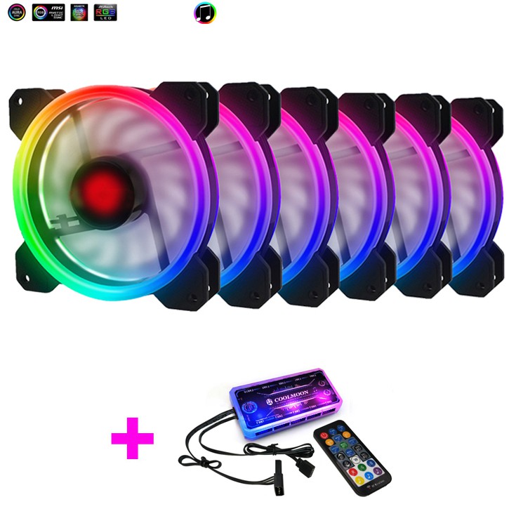 Bộ 6 Quạt Tản Nhiệt, Fan Case Coolmoon V2 Led RGB Dual Ring  - Kèm Bộ Hub Sync Main, Đổi Màu Theo Nhạc