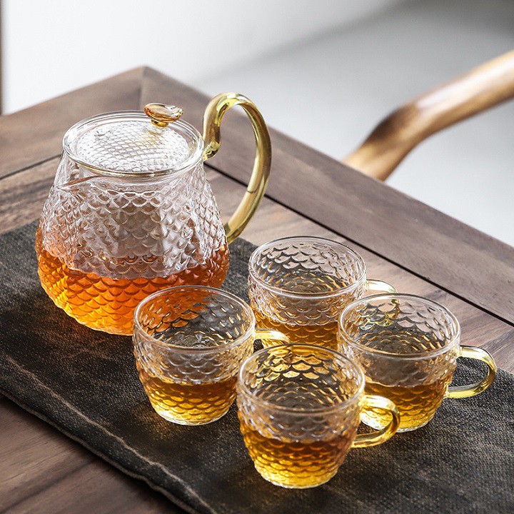 Bộ Ấm Trà Thủy Tinh Cao Cấp Puka Ấm Vẩy Rồng Có Lõi Lọc 6 Ly Thủy Tinh Có Quai Dùng Pha Trà Hoa Trà Mạn BAT 2112