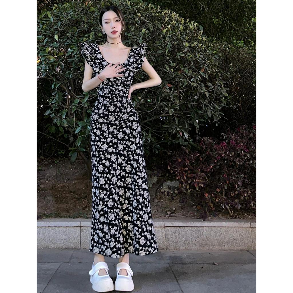 Đầm Đen Dáng Ôm In Hoa Phối Bèo Nhún Kiểu Pháp 62470