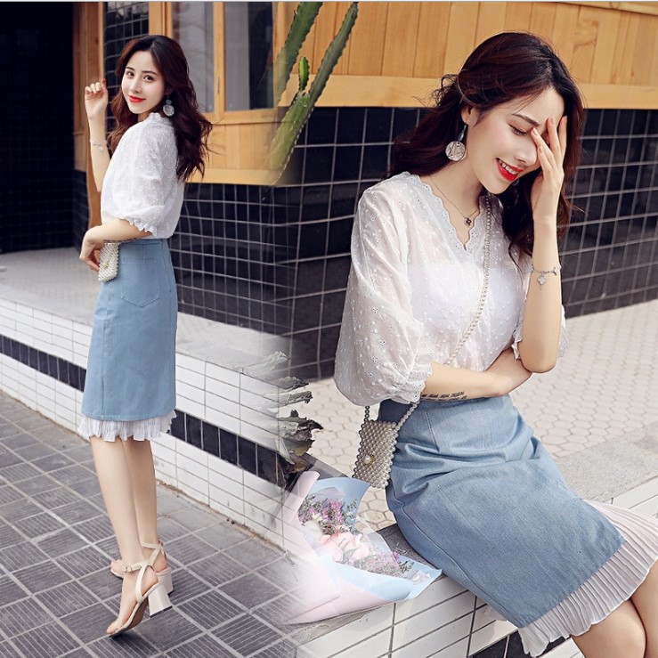 ( Hàng sẵn) Đầm nữ, ÁO REN hoa lưới bi trắng kết hợp chân váy bò phong cách Pháp | BigBuy360 - bigbuy360.vn