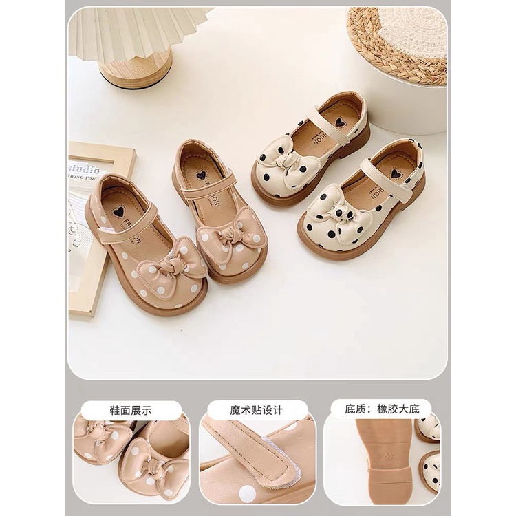 Giày búp bê cho bé gái - Giày bệt vintage chấm bi đính nơ dễ thương cho bé có quai dán chất da PU mềm C18 (sz21-sz30)