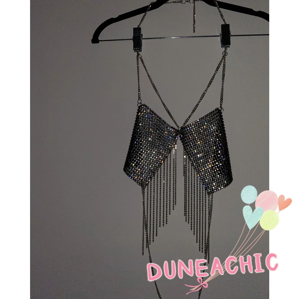 DUNEA Áo hai dây hở lưng phối lưới kim loại quyến rũ cho nữ