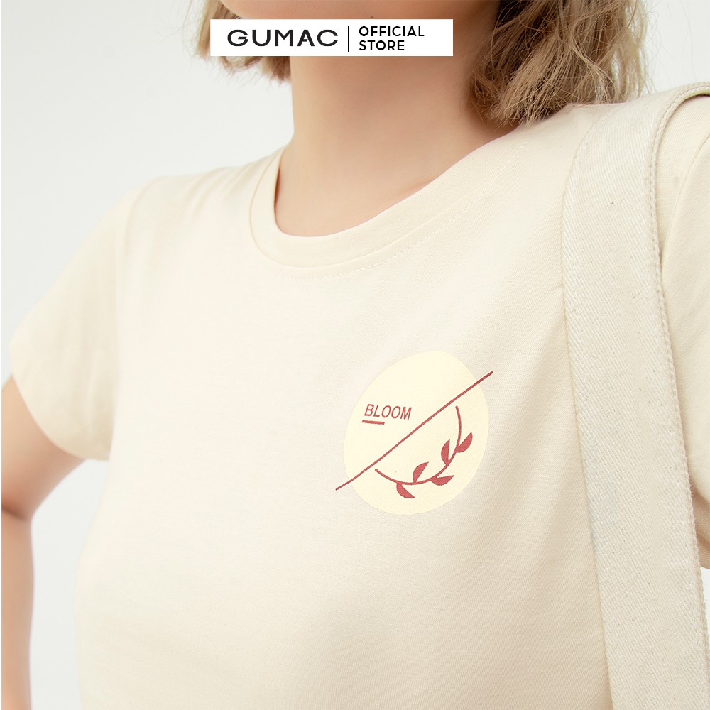 [Mã WABRGM11 giảm 10% đơn 250K] Áo croptop nữ in Bloom GUMAC màu be ôm body ATB547 | BigBuy360 - bigbuy360.vn