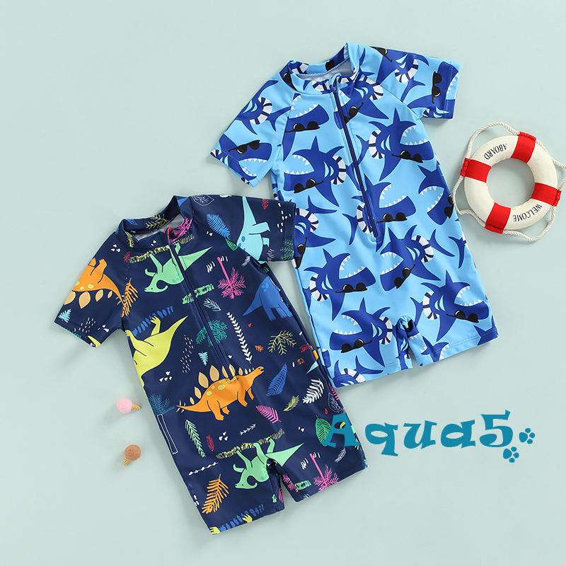 AQQ-Toddler Boys One-Piece Swimsuit, Summer Short Sleeve Cartoon Animal Sun Protection Bathing Suit