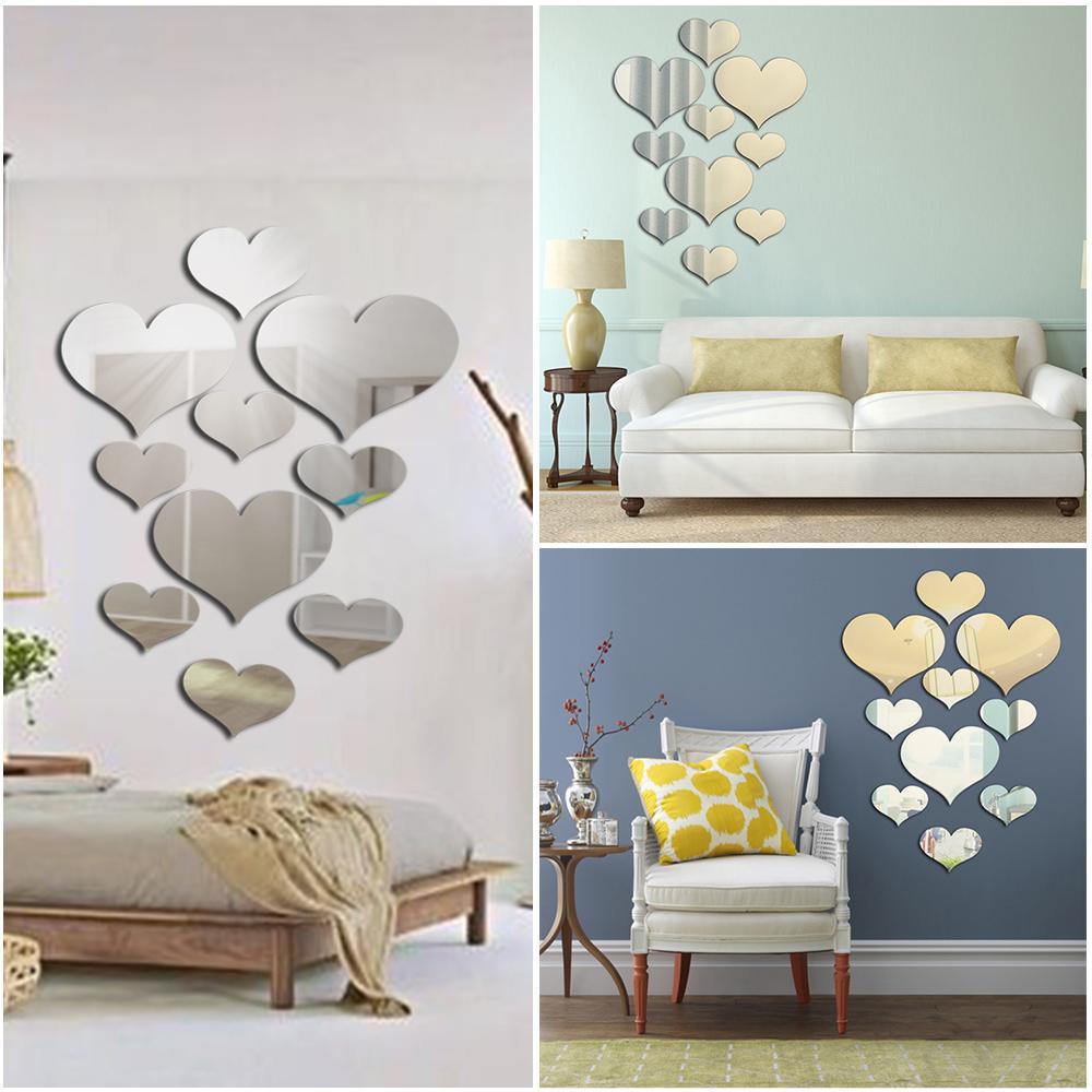 Bộ 10 Miếng Dán Tường Tráng Gương Hình Trái Tim 3D Trang Trí Phòng Khách