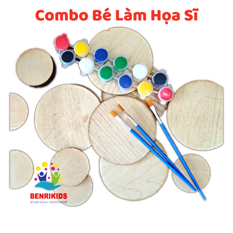 Combo Cho Bé Tập Làm Họa Sĩ, Bộ 10 Miếng Gỗ Tròn Kèm Cọ Vẽ+ 6 Hũ Sơn Acrylic An Toàn Cho Bé