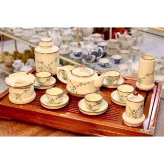 Bộ ấm chén Bát Tràng hoa đào xanh