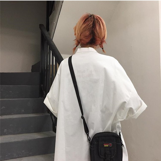 Áo Sơ Mi Dáng Rộng Phối Túi Lớn Màu Trơn Thời Trang Harajuku Cá Tính Cho Nam Và Nữ