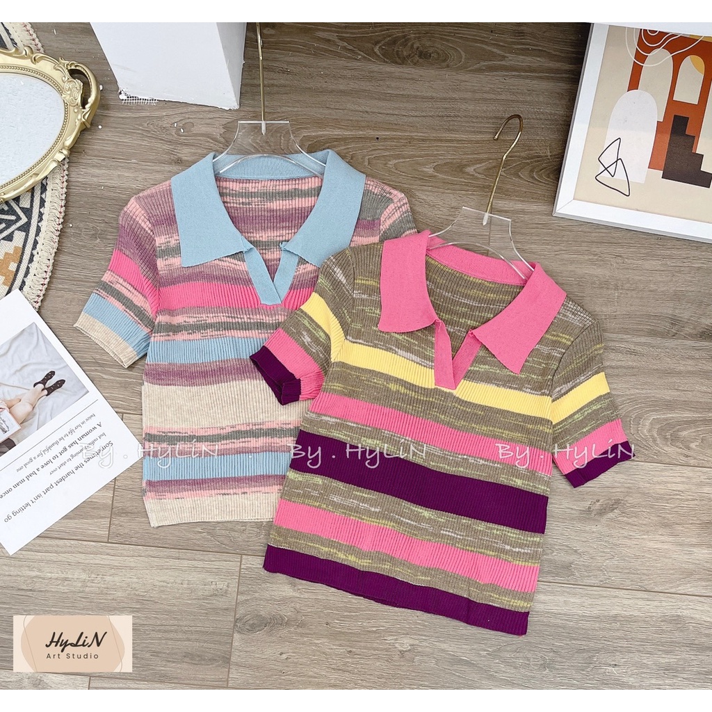 Áo polo nữ cổ bẻ phối kẻ ngang nhiều màu tay lỡ oversize nhiều màu