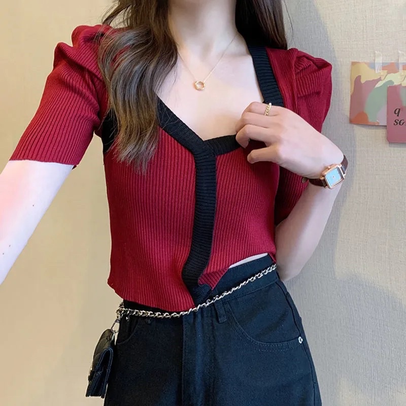 Áo Dệt Kim Nữ Màu Đen Đỏ Trắng Xanh Chất Len Mongtoghi Ngắn Tay Cổ Tim Tay Bồng Tiểu Thư Viền Phối Màu Style Hàn Quốci