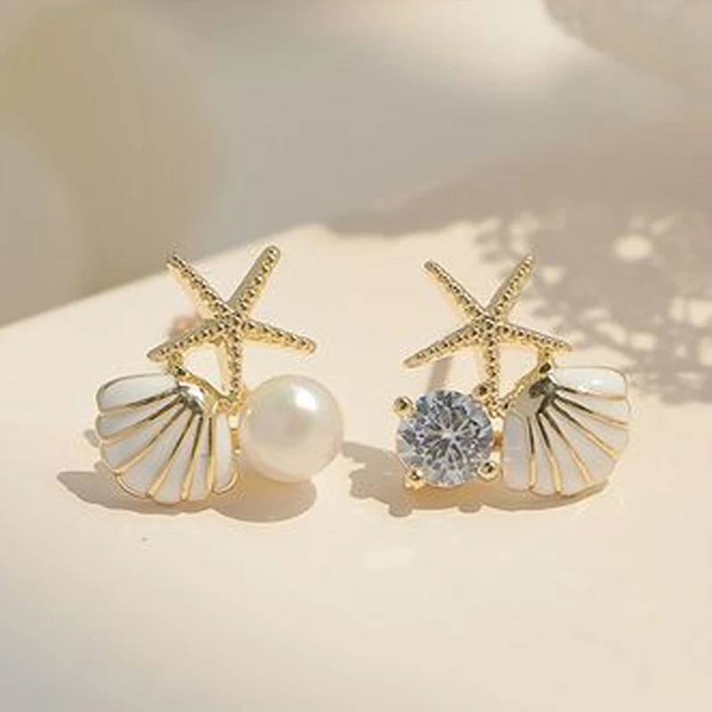 Bông Tai Hình Sao Biển / Vỏ Sò Đính Đá Zircon Ngọc Trai Phong Cách Bohemian Thanh Lịch Thời Trang Cho Nữ