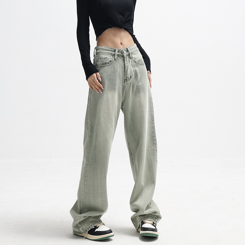Quần jean dài ống rộng lưng cao màu xanh lá nhạt size lớn phong cách Mỹ thời trang cho nữ